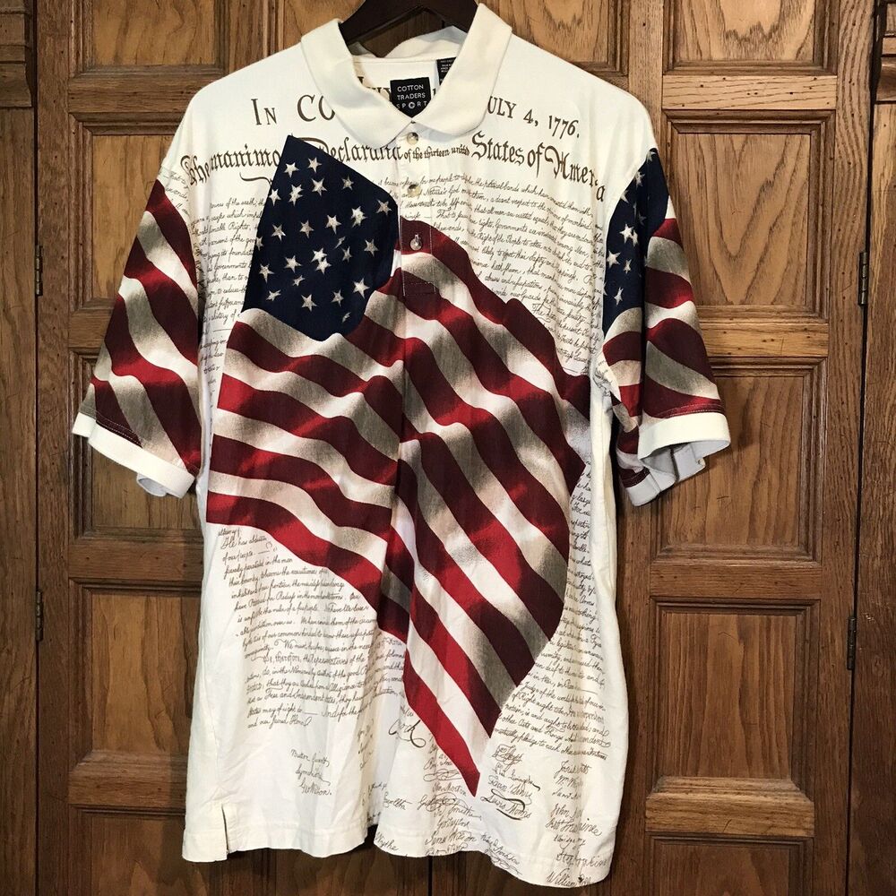 Cotton Traders Sport Patriotic Polo Mens XXL Congress Declaration USA Flag Shirt
